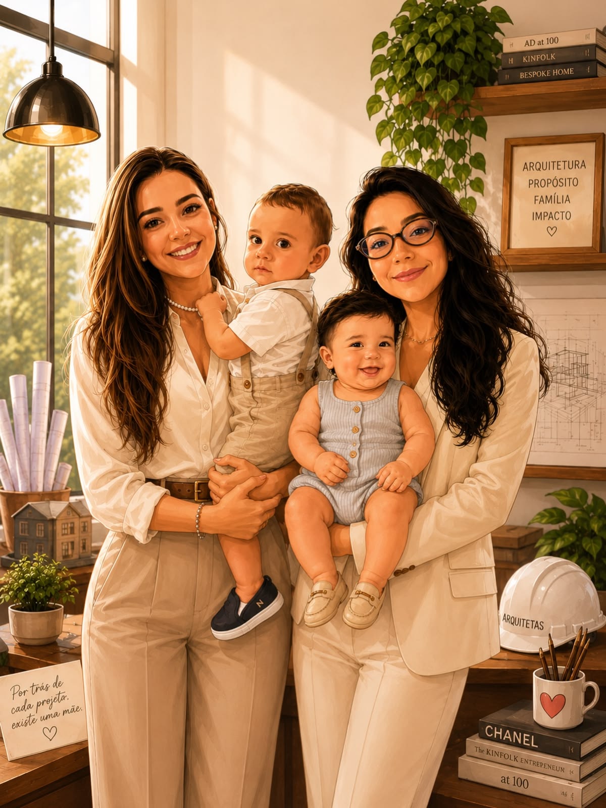 Bia e Raíssa, arquitetas do Studio 903, com seus filhos no estúdio.